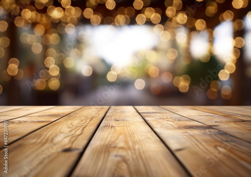 Christmas background with empty wooden table.Macro.AI Generative