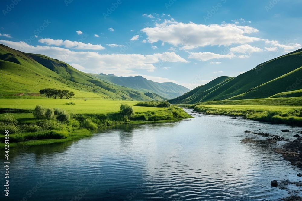 scenic view of water and hills. Generative AI