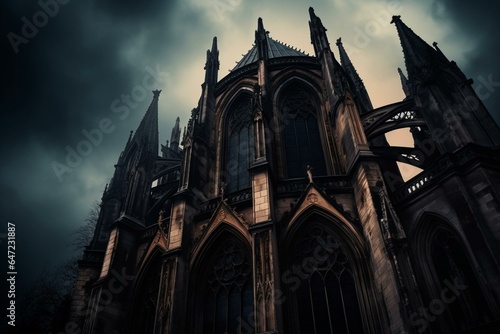 Spooky cathedral with gothic architecture and a foreboding atmosphere. Generative AI