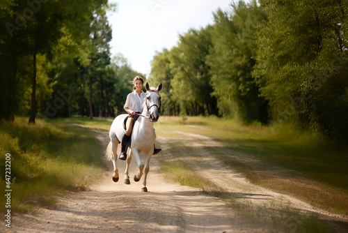 A beautiful brunette horsewoman in a white shirt rides on a horse in the forest. © July P