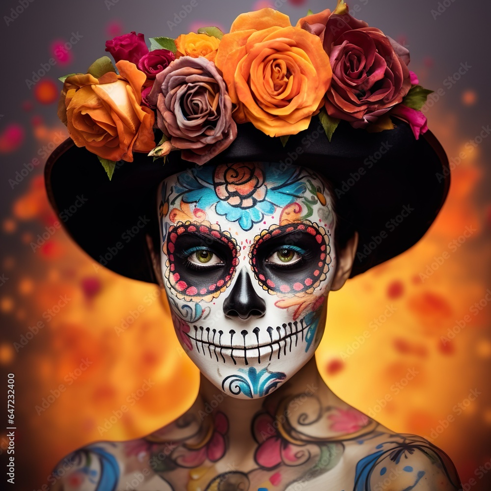 Beautiful portrait of Mexican catrina with Sugar skull makeup Celebration of Day of the Dead in Mexico Dia de los muertos 