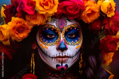 Beautiful portrait of Mexican catrina with Sugar skull makeup Celebration of Day of the Dead in Mexico Dia de los muertos 