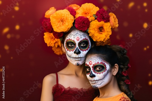 Beautiful portrait of Mexican catrina with Sugar skull makeup Celebration of Day of the Dead in Mexico Dia de los muertos 