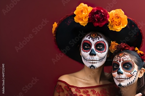 Beautiful portrait of Mexican catrina with Sugar skull makeup Celebration of Day of the Dead in Mexico Dia de los muertos 