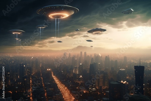 An image featuring a modern metropolis with flying unidentified objects. Generative AI