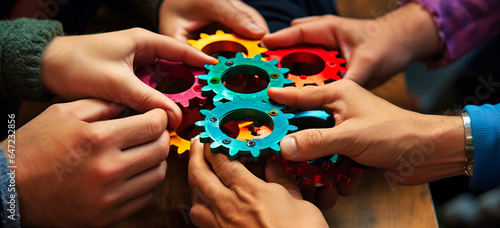Collaborative Teamwork Concept: People Working on a Colorful Gear Wheel.
