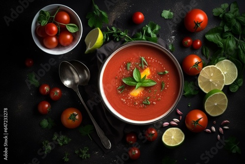 Delectable homemade gazpacho on dark backdrop. Vegan & cold for summer. Top view in elongated banner format. Generative AI