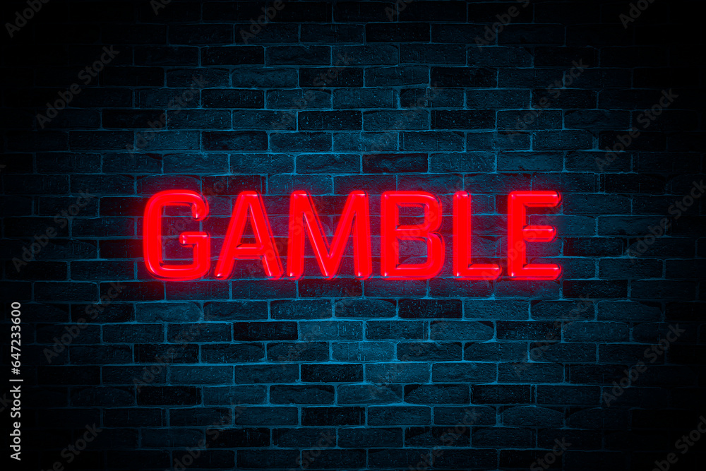 Fototapeta premium Gamble text neon banner on brick wall background.