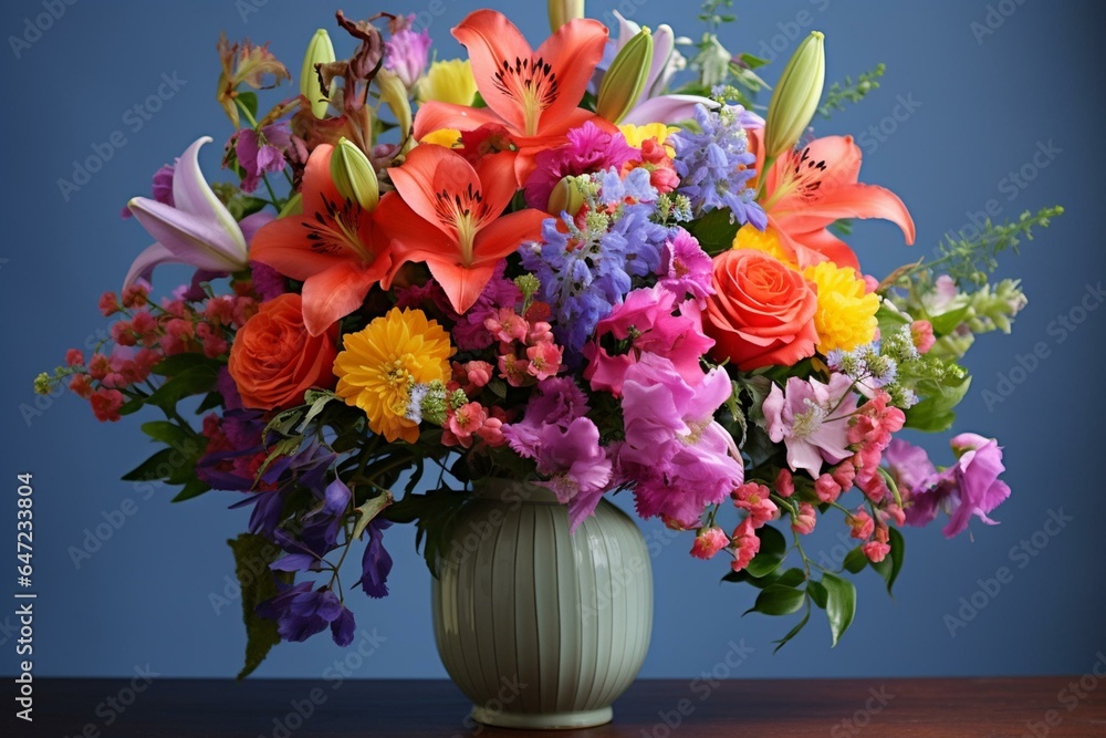 Vibrant blooms form a cheerful arrangement on a soft background. Perfect for conveying your sentiments. Generative AI