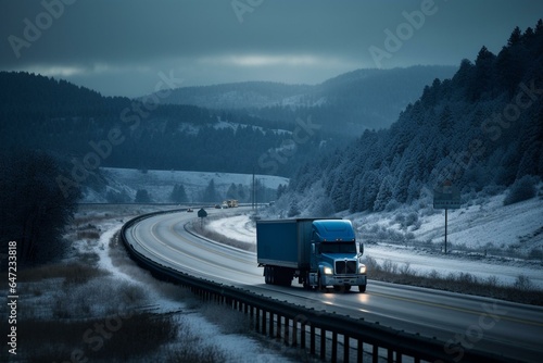 A strong blue truck hauling frozen goods in a refrigerated trailer on a wide highway in the Columbia Gorge region. Generative AI