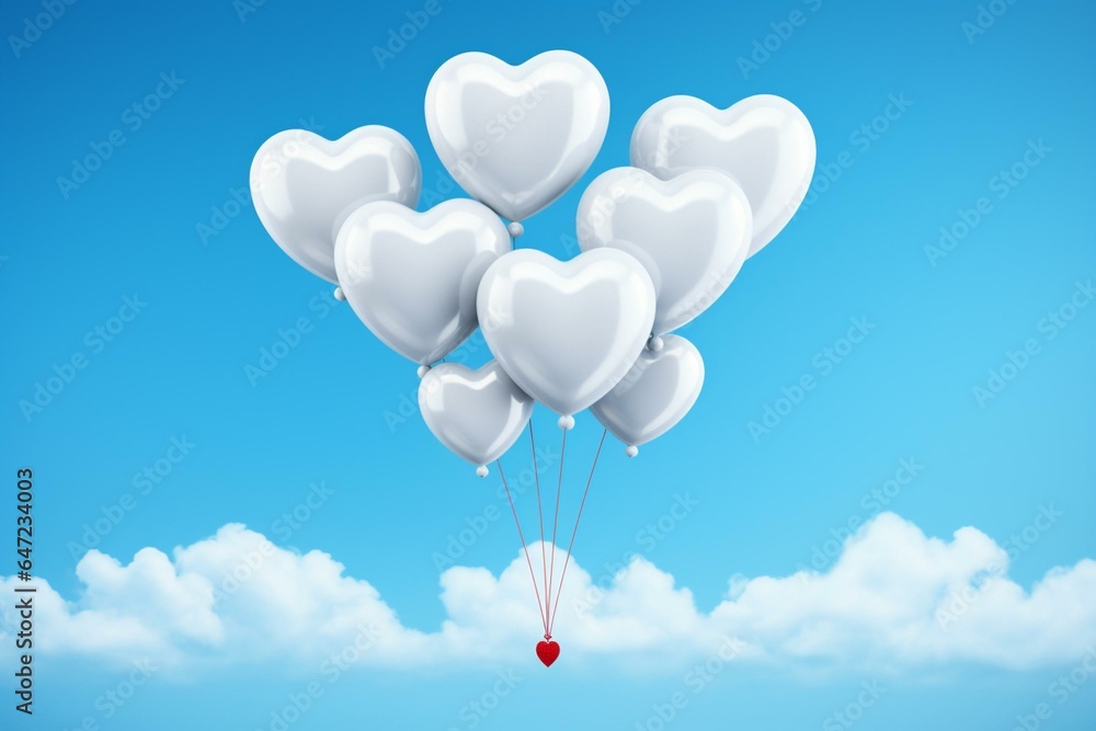 Heart-shaped balloons floating, sky with white clouds, blue background. Generative AI