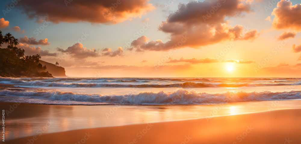Sunrise over the tranquil beach. AI generative.
