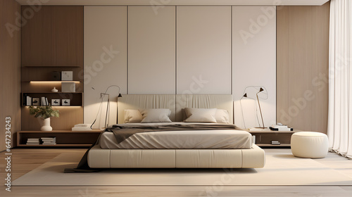 Scandinavian Style Loft Empty Bedroom Interior. master modern bedroom design. light beige