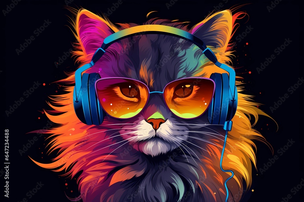 colored cat in glasses and headphones