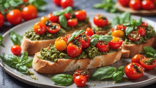 A rustic wooden board with a variety of pesto bruschetta, topped with cherry tomatoes and fresh basil leaves.