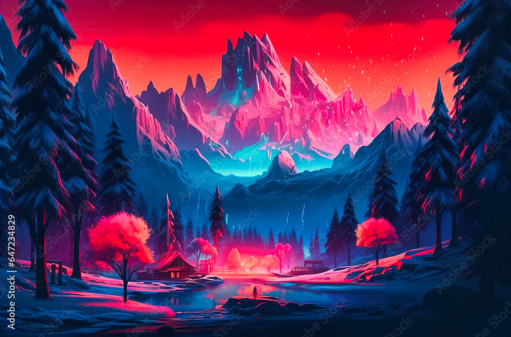 Snowy Mountain Scenery: Neon Sign Atop Majestic Peaks