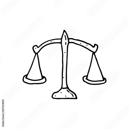 Libra, an ancient symbol of measure and justice. Balance of assessment of the trial in a legal matter. Doodle. Vector illustration. Hand drawn. Outline.