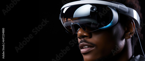 African American black male using a futuristic mixed reality XR headset. VR, AR, MR, Metaverse.