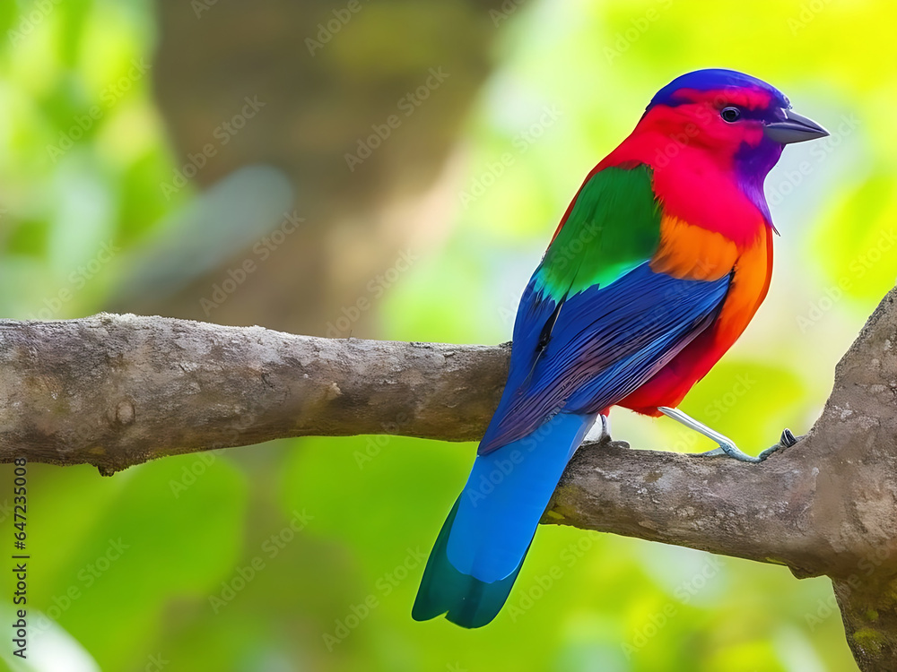 Fototapeta premium a colorful bird sits on a branch in the forest