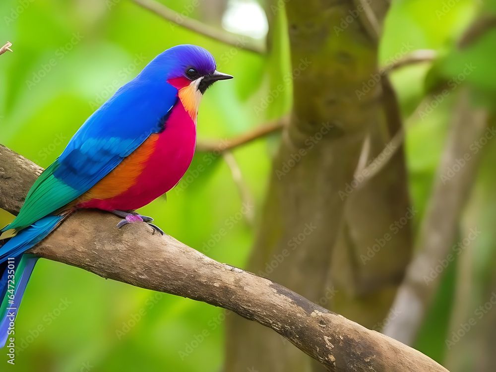 a colorful bird sits on a branch in the forest