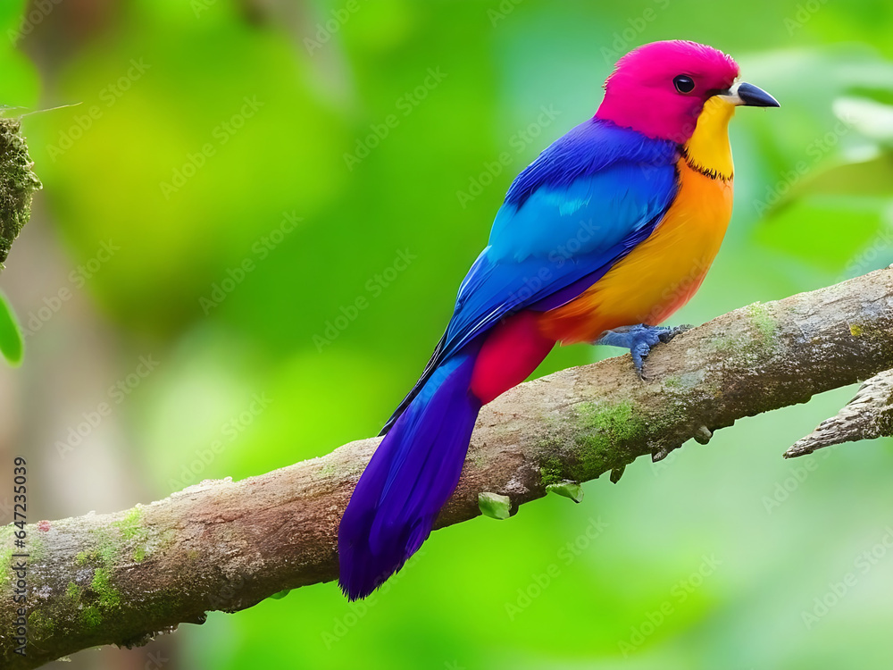 a colorful bird sits on a branch in the forest