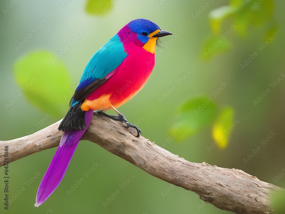 a colorful bird sits on a branch in the forest
