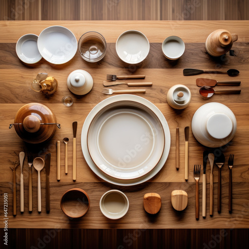  A wood table with kitchenware 