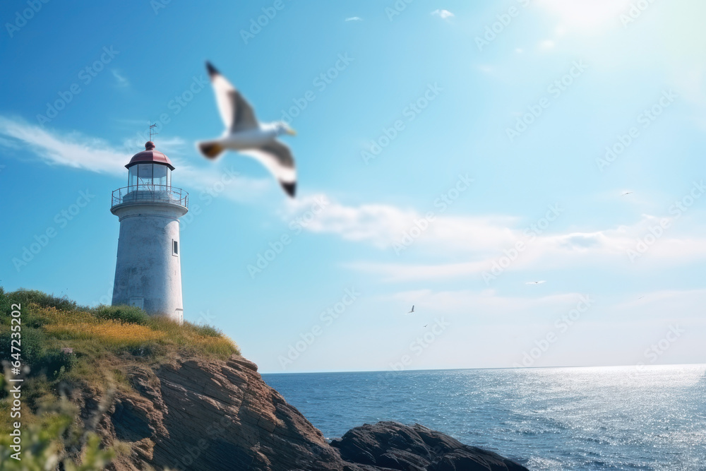A seagull flies against the backdrop of a lighthouse on a cliff.