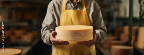 Expert cheesemaker displays a beautifully crafted cheese wheel with confidence. cheese in hands photo