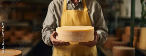 Panel kuchenny z motywem Expert cheesemaker displays a beautifully crafted cheese wheel with confidence. cheese in hands
