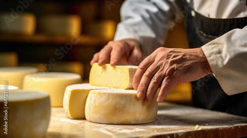 Man preparing a delectable cheese platter.