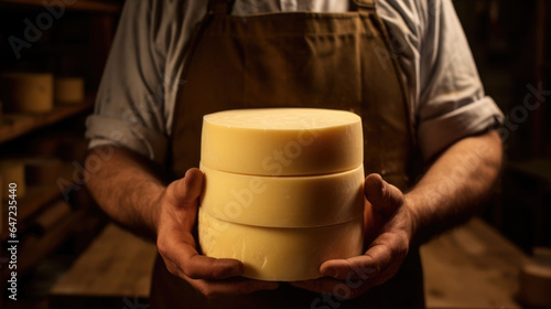 Skilled cheesemaker presents his carefully crafted cheese wheel  a symbol of his dedication to the craft. cheese in hands