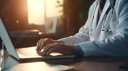 close up of a doctor using a laptop. doctor typing on laptop
