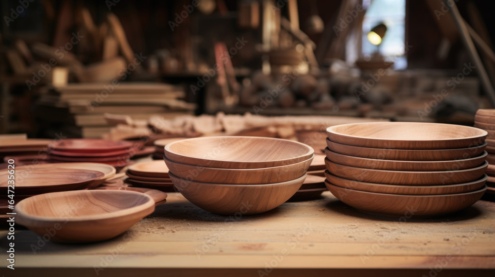 wooden utensils on the background of the workshop. wooden utensils on the background of the workshop.
