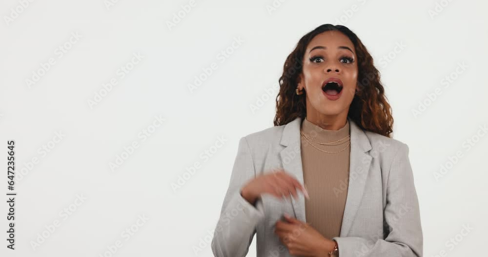 Thinking, idea and face of woman in studio with wow, solution and emoji conclusion on white background. Why, questions and portrait of female model with aha gesture for answer or problem solving plan Thinking, idea and face of woman in studio with wow, solution and emoji conclusion on white background. Why, questions and portrait of female model with aha gesture for answer or problem solving plan