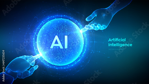 AI. Artificial Intelligence. Hands of Robot and Human touching sphere with circuit board pattern. Artificial Intelligence and Machine Learning technology concept. Neural networks. Vector illustration.