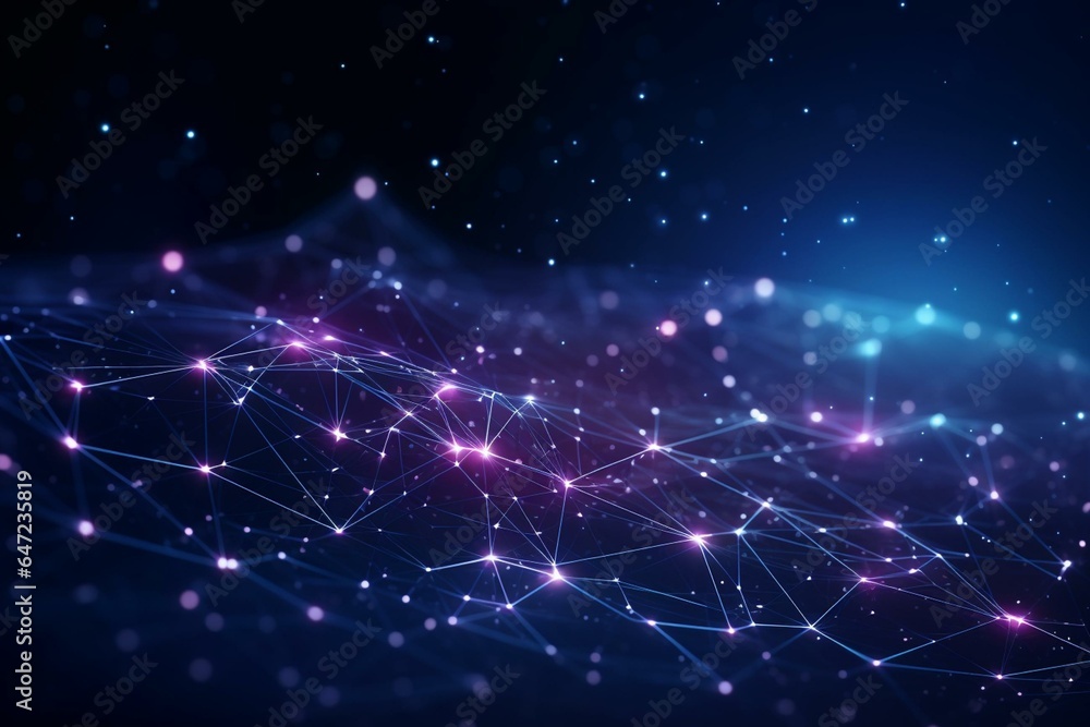 Abstract futuristic rendering with glowing lines and particles on dark blue background. Science, business, communication, technology concept. Plexus structure. Modern illustration.. Generative AI Abstract futuristic rendering with glowing lines and particles on dark blue background. Science, business, communication, technology concept. Plexus structure. Modern illustration.. Generative AI