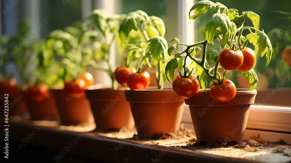 Cherry tomatoes trees planted on brown pots. cherry tomatoes growing in small brown pots Cherry tomatoes trees planted on brown pots. cherry tomatoes growing in small brown pots