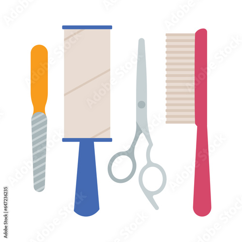 Pet Grooming. Tools for the care of cat claws and fur - scissors, cat brush, nail file, lint roller. Pet store concept. Modern vector illustration, minimalistic style. Isolated on white.