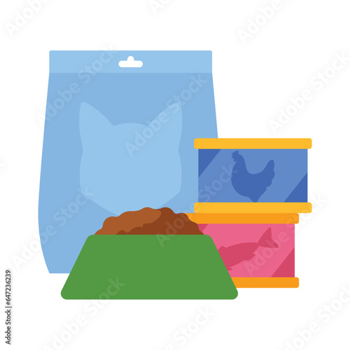 Cat feed - a package of dry food, cans of meat, cat bowl with meal. Concept of a varied diet of domestic cat. Modern vector illustration, minimalistic style. Isolated on white.