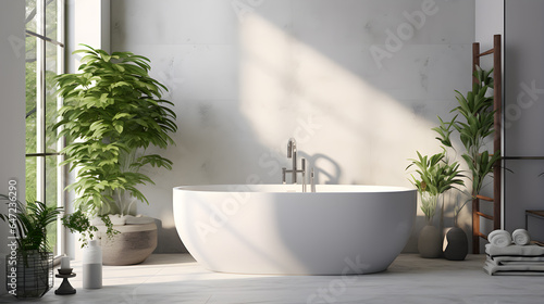 Classical Bath Tub with Green Plants. Elegant bathroom with white walls