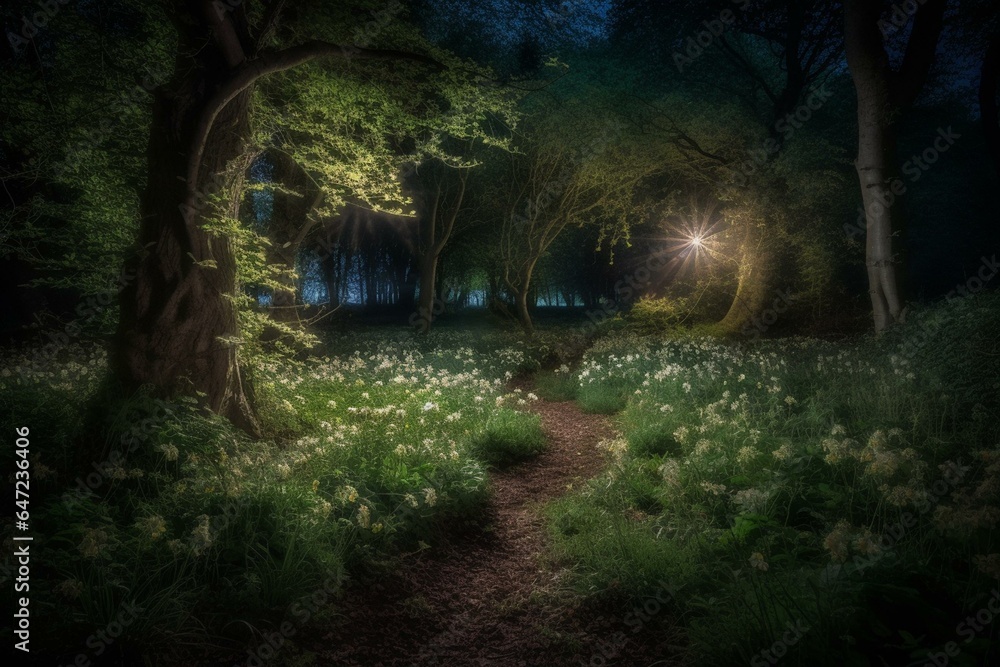Enchanting woodland at night. Generative AI