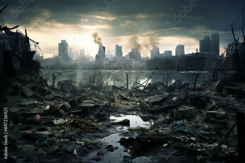 Devastated urban landscape following a destructive war. Generative AI