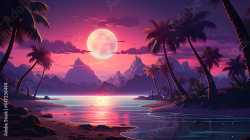 moonrise in a tropical landscape with sand and palm trees, in the style of retrowave, romantic riverscapes, dark crimson and light azure