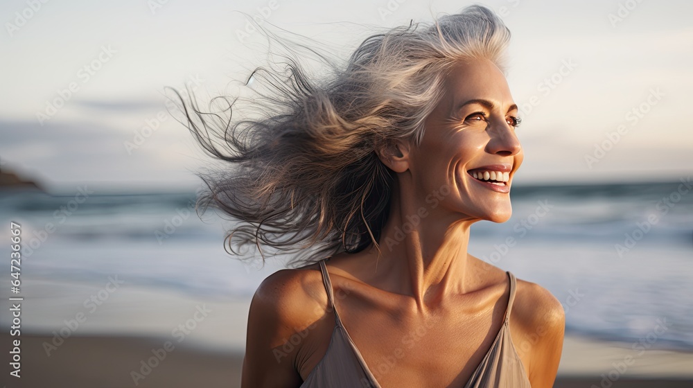 Aging model with a soft smile, showcasing her silver hair, set against a calm ocean backdrop Aging model with a soft smile, showcasing her silver hair, set against a calm ocean backdrop