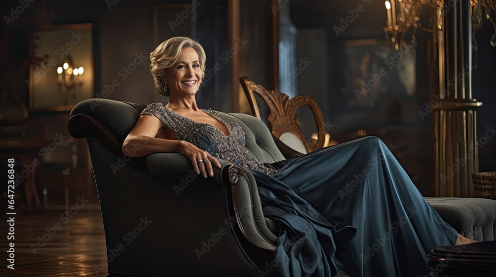 Mature woman with a radiant smile, dressed in a timeless evening gown, set in a luxurious lounge