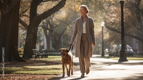 Elegant mature woman, showcasing her grace while walking her dog, set in a city park