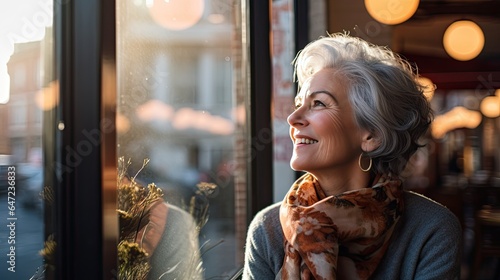 Mature woman with a joyous expression, set against a backdrop of a European cafe