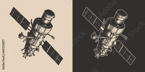Set of vintage space galaxy adventure spy explore satellite. future adventure science. Graphic Art engraving style