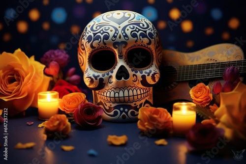 Dia de los muertos Mexican skull with guitar Mariachi skeleton concept 